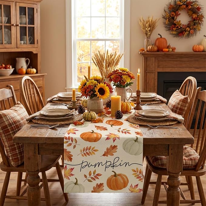 Fall Table Runner Decorations, Pumpkin Maple Leaf Thanksgiving Harvest Decor | - Image 2