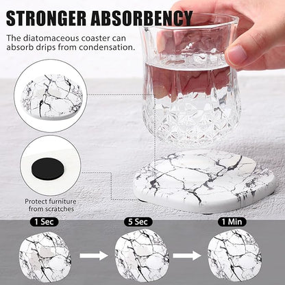 Diatomaceous Earth Coasters Set of 4，Cool Absorbent Quick-Dry Drink Coasters for Desks, Cute Modern Stone Design with Stylish White Aesthetic (4, Marble White)