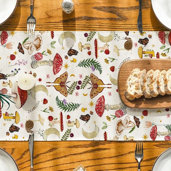 Artoid Mode Beige Modern Mushroom Table Runner, Seasonal Botanic Farmhouse - Image 3