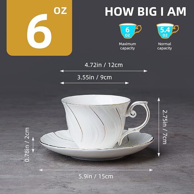 Agyiuns 6 Sets 6oz Porcelain Tea Cups Saucers，White - Image 2