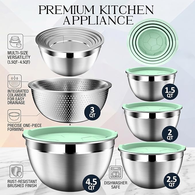DUTZUN Mixing Bowls with Lids Set, Stainless Steel Mixing Bowl Set with Colander - Image 2