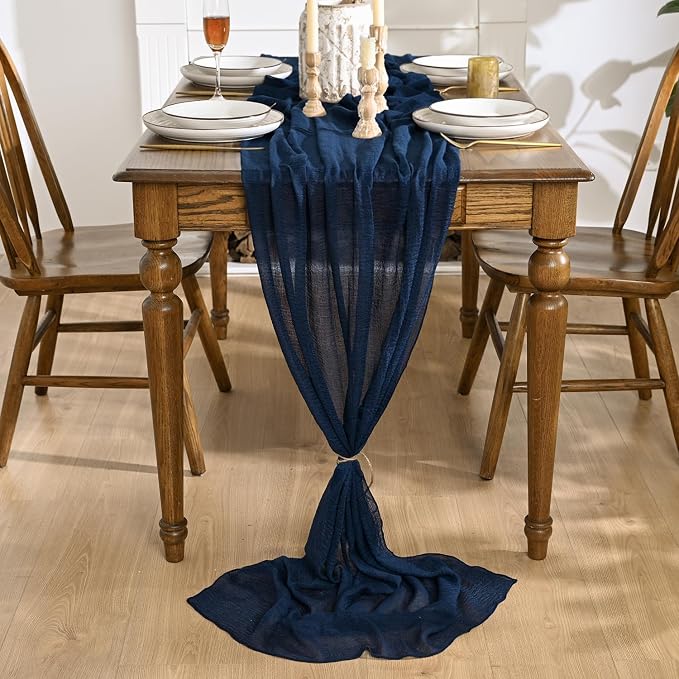 Artoid Mode Boho Cheesecloth Gauze Navy Blue Wedding Table Runner, 120 Inch - Image 2