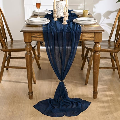 Artoid Mode Boho Cheesecloth Gauze Navy Blue Wedding Table Runner, 120 Inch - Image 2
