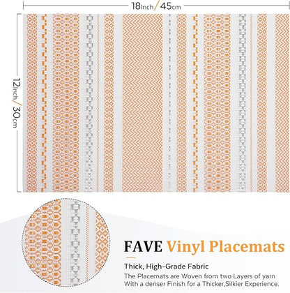 FAVE Boho Vinyl Placemats Set of 6, Durable Woven Place Mats Washable Heat Resistant PVC Table Mats for Parties,Weddings, Dining,Banquet(Orange, 6PCS)