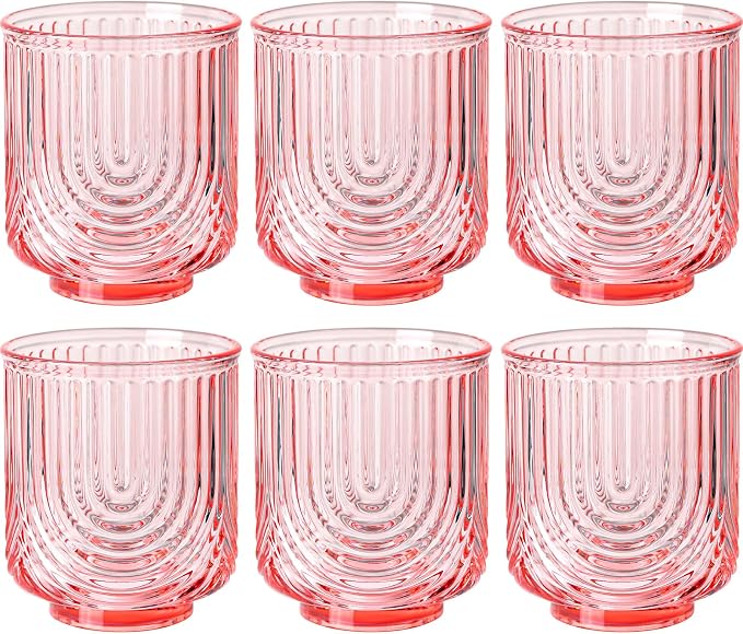 Pink Vintage Drinking Glasses Set of 6-15oz Hand-Blown Highball Ribbed Glassware by TrophyToast