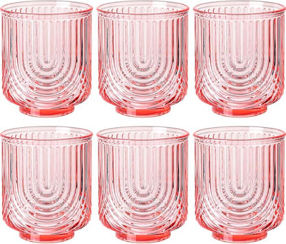 Pink Vintage Drinking Glasses Set of 6-15oz Hand-Blown Highball Ribbed Glassware by TrophyToast