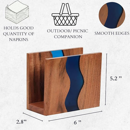 Acacia wood & Transparent Epoxy resin Napkin holder for table, Rustic farmhouse napkin organisation for kitchen, dining, counter tops, restaurant or outdoors | 6x5x2.5 inches| Blue