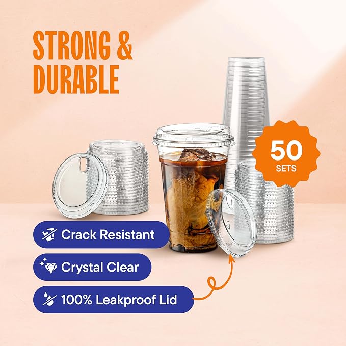20 oz Clear Plastic Cups with Strawless Sip-Lids PET Crystal Clear Disposable - Image 2