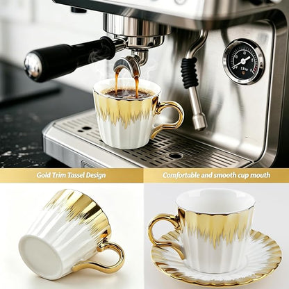 Coffee Cup Set of 6 with Saucers, 3.5 OZ Ceramic Espresso Cups, Deco Golden - Image 4