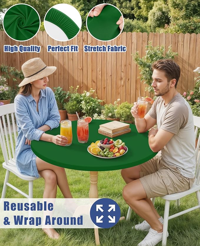 Round Spandex Tablecloth 2 Pack, Elastic Fitted Waterproof Tablecloths for 25"-30" Tables, Stretch Washable Picnic Table Cover for Camping, Dining, Indoor and Outdoor, Emerald Green