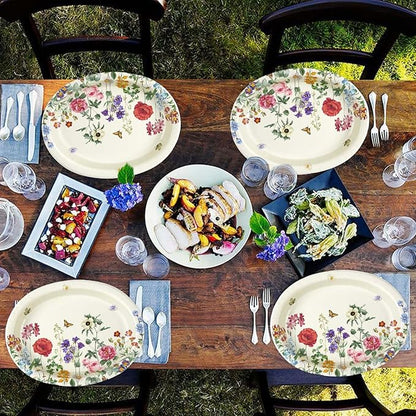 50Pcs Wild Flower Oval Paper Plates 10" x 12" Large Heavy Duty Disposable Fall Vintage Wildflower Platters Autumn Watercolor Floral Dessert Plates for Thanksgiving Dinner Birthday BBQ Party Supplies