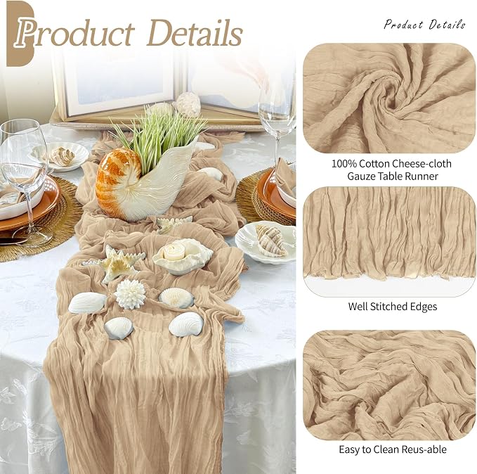 6 Pack Beige Cheesecloth Table Runner 17x108 Inch Semi Sheer Boho Gauze Cheese - Image 5