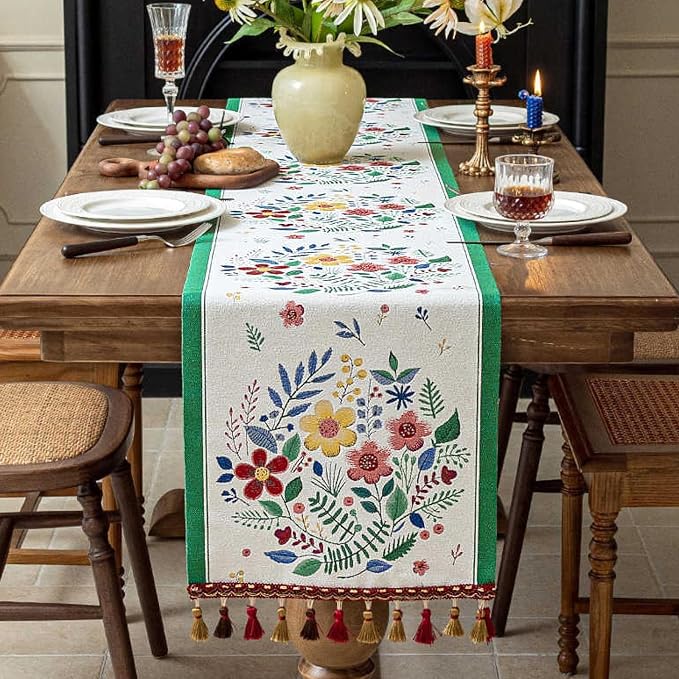 Floral Table Runner with Tassel Edges, Cotton Blend Decorative Runner - Image 3