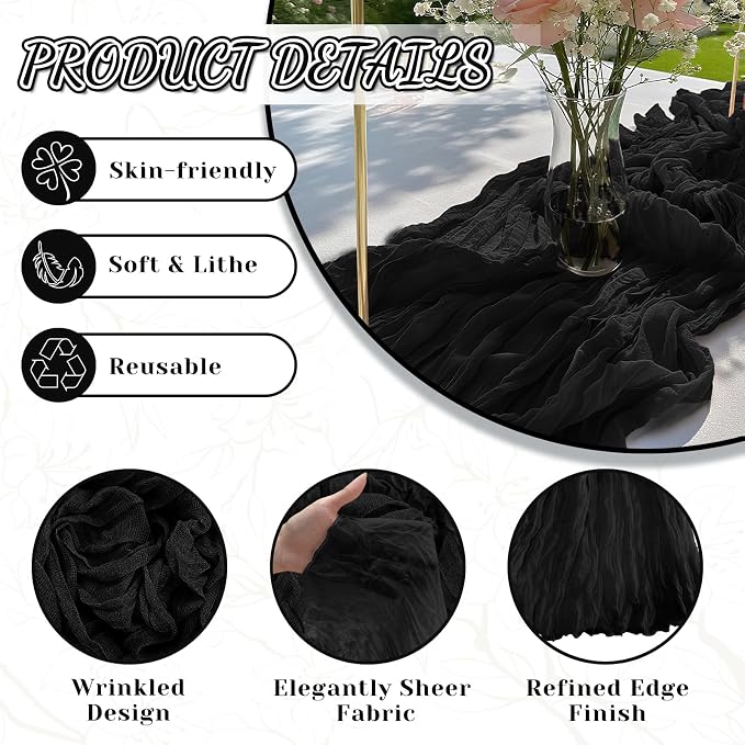 2 Pack Cheesecloth Table Runner, 120 Inch Black Table Runner - Image 4
