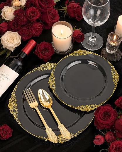 Nervure 100PCS Black and Gold Plastic Plates - 10.25Inch Black Disposable Plates - Black Plastic Dinner Plates for Wedding & Party & New Year