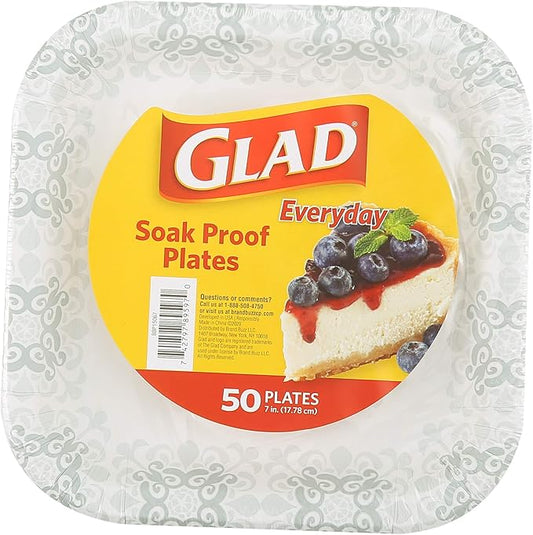 Glad Square Disposable Paper Plates, Grey Victorian Pattern - Strong, Sturdy, Soak Proof, and Microwavable Decorative Plates for Dinner and Everyday Use, 7 Inch, 50 Count