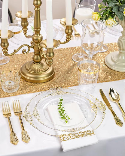 Nervure 100PCS Clear and Gold Plastic Plates - 10.25Inch Gold Disposable Plates - Heavyweight Dinner Plate for Wedding & Party