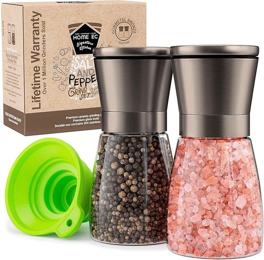 Home EC Original Gun Metal Bronze Salt and Pepper Grinder Set of 2 - Adjustable Ceramic Grinder - Glass Salt and Pepper Shakers With Funnel and Ebook - Spice Mill - Bronze Kitchen Accessories