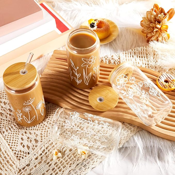 Mumufy 8 Pack Glass Cups Gift Aesthetic Cute Glass Cup Tumbler Flower Iced - Image 6