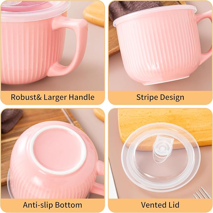 Ceramic Soup Bowl with Handle & Lid, Large 32oz Microwave Ramen Bowl Pink | - Image 7
