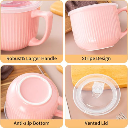 Ceramic Soup Bowl with Handle & Lid, Large 32oz Microwave Ramen Bowl Pink | - Image 7