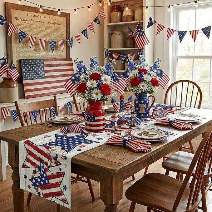 Patriotic Table Runner Decor, 4th of July Independence Day Retro American Flag - Image 5
