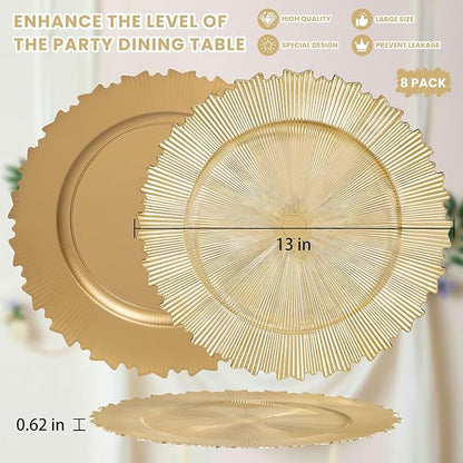 LIYH 8 Pcs Gold Chargers Plates 13 Inch - Gold Chargers for Dinner Plates, Irregular Design Heavy-Duty Plate Charger Bulk, Suitable for Wedding & Party- Stackable