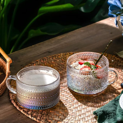 Gezzeny Vintage Glass Coffee Mugs 14 Oz Set of 2 Iridescent Embossed, Tea Cups - Image 2