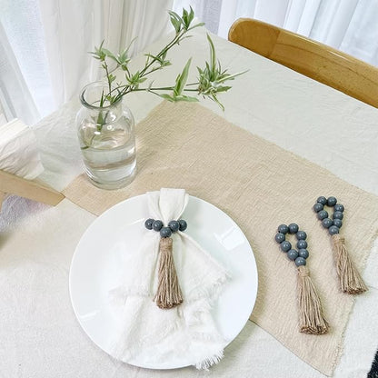 Napkin Rings Set of 12,Wooden Napkin Rings,Wood Bead Elastic Farmhouse Napkin Holder with Tassel,Boho Napkin Ring for Table Decor,Weeding,Dinner,Party (Dark Gray)