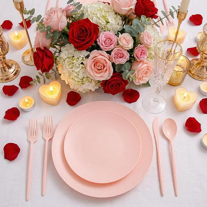 EI 150pcs Pink Plastic Plates Pink Disposable Heavy Duty Plastic Plates for Party Dinnerware Set Pink Plastic Silverware for Party Wedding Afternoon Tea,Spring,Mother's Day,Valentine's Day,Easter