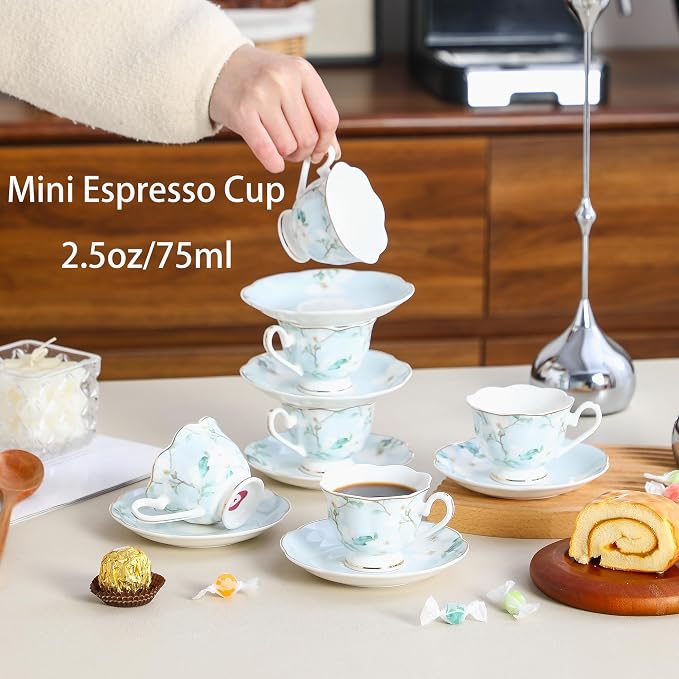 2.5oz Porcelain Demitasse Set of 6, 75ml Blue & Gold Floral | Embossed floral - Image 7