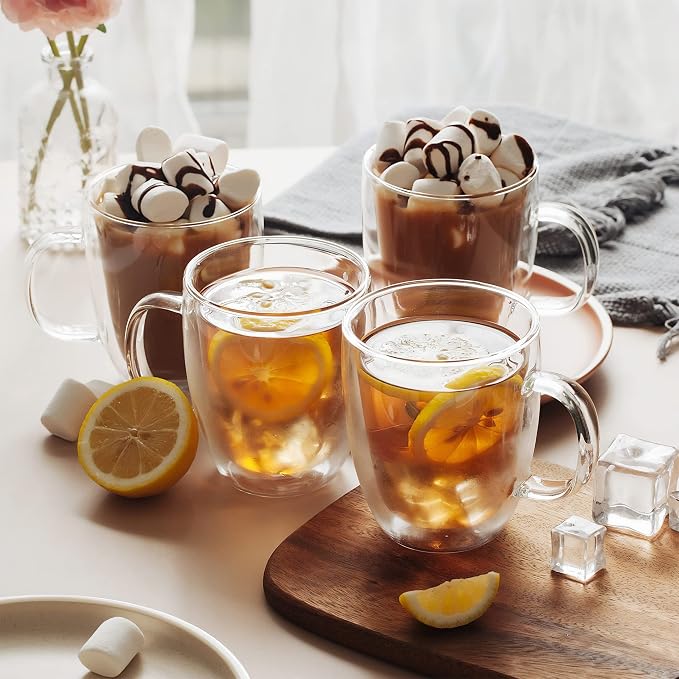 Moss & Stone Set of 4 Double Wall Glass Cup Clear Mug, Double Walled Coffee - Image 6