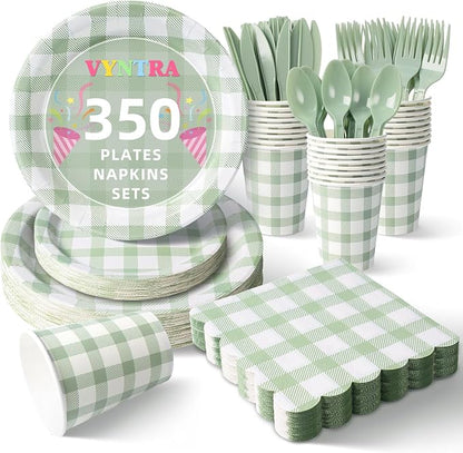 Vyntra 350 Pcs Sage Green Gingham Paper Plates and Napkins Set by PartyTablewareSupplies