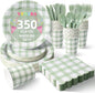 Vyntra 350 Pcs Sage Green Gingham Paper Plates and Napkins Set by PartyTablewareSupplies