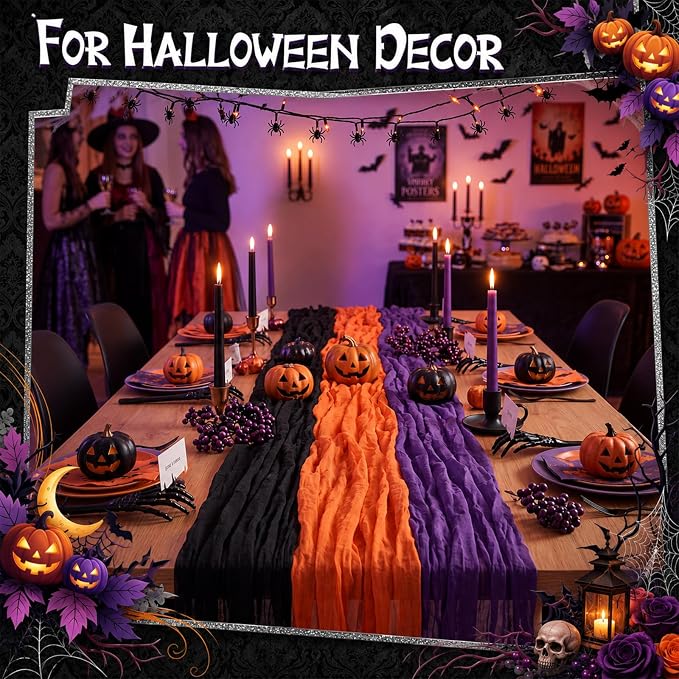 12 Pcs Halloween Cheesecloth Gauze Table Runners Black Orange Purple | Holiday - Image 2