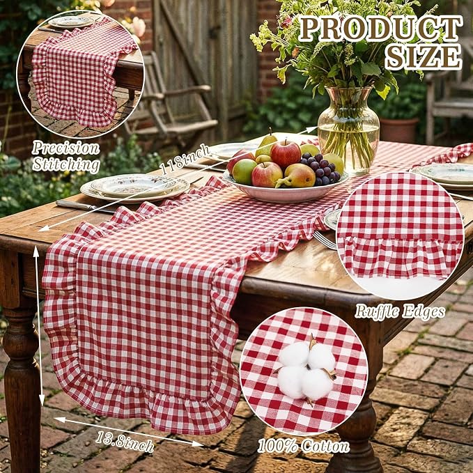 HunnmingRe 1 Pc Gingham Table Runner Red, 118 X 13.8 Inch | Cotton Dresser Scarf - Image 2