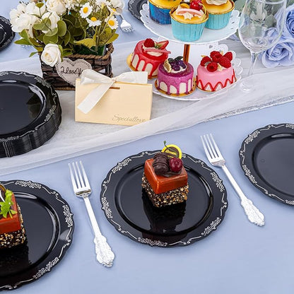 DaYammi 60PCS Black and Silver Plastic Plates, Heavy Duty Black and Silver Disposable Plates Premium 7.5 inch Dessert Cake Salad Appetizer Plate Hard Plastic Plate Disposable for Party Wedding