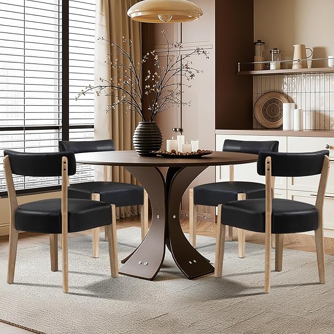 Modern Dining Chairs Set of 2 – Mid-Century Modern Faux Leather Upholstered Kitchen & Dining Room Chairs with Curved Back, Oversized Rounded Seat, Sturdy Wood Frame, Black