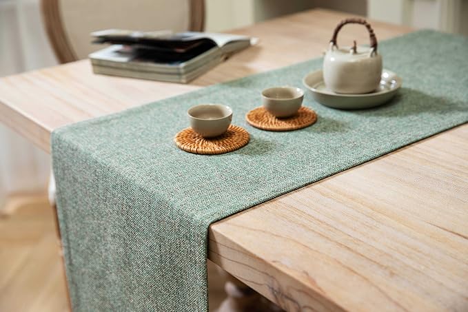 Burlap Style Farmhouse Table Runner, 14x108 Inches Mineral Green | Thick - Image 4