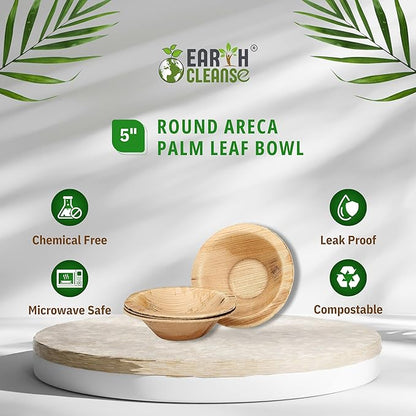 5" Areca Palm Leaf Round Bowls Compostable Biodegradable Eco-Friendly Bowls Natural Disposable Bowls, Perfect for Picnic Catering, Dessert, and Wedding (Pack of 100)