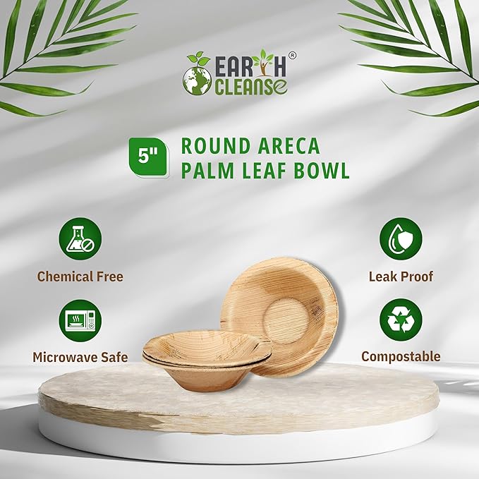 5" Areca Palm Leaf Round Bowls Compostable Biodegradable Eco-Friendly Bowls Natural Disposable Bowls, Perfect for Picnic Catering, Dessert, and Wedding (Pack of 50)
