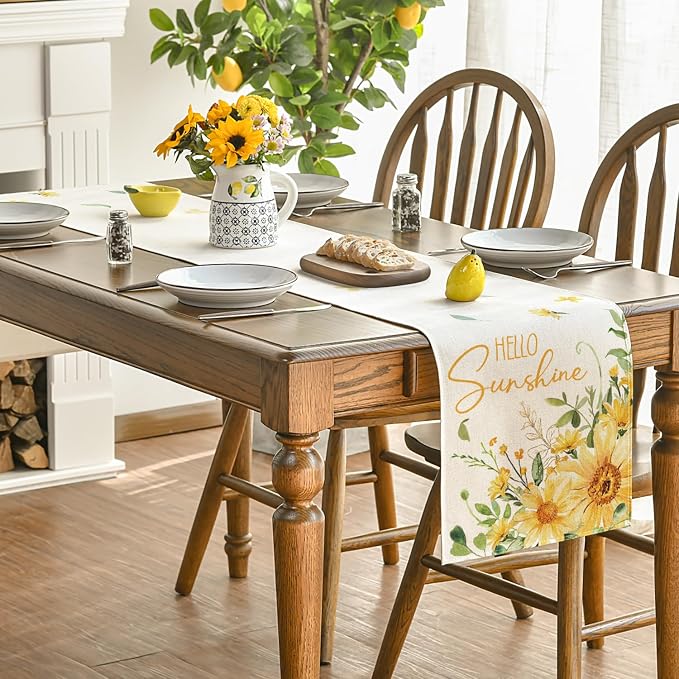 Artoid Mode Hello Sunshine Sunflower Eucalyptus Summer Table Runner, Seasonal - Image 4