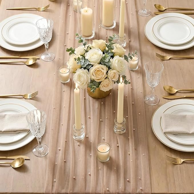 Artoid Mode Pearl Tan Gauze Table Runner 120 Inch 10FT, Seasonal Sheer Dining Holiday Wedding Birthday Baby Shower Table Decor for Home Party
