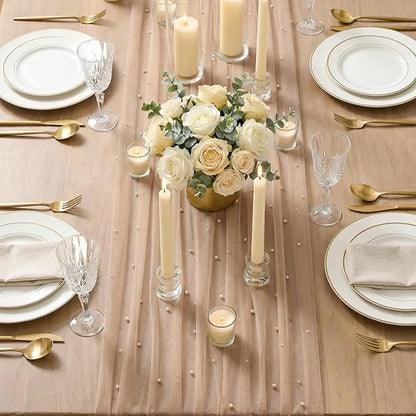 Artoid Mode Pearl Tan Gauze Table Runner 120 Inch 10FT, Seasonal Sheer Dining Holiday Wedding Birthday Baby Shower Table Decor for Home Party
