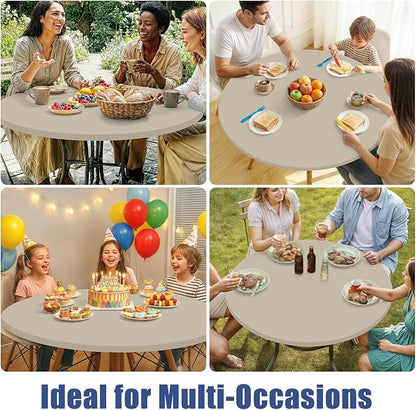 Round Spandex Tablecloth 2 Pack, Elastic Fitted Waterproof Tablecloths for 57"-68" Tables, Stretch Washable Picnic Table Cover for Camping, Dining, Indoor and Outdoor, Taupe