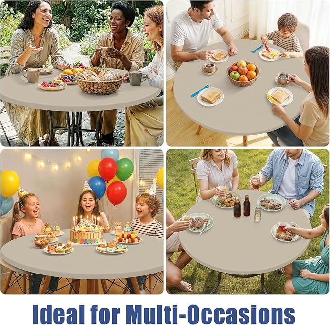 Round Spandex Tablecloth 2 Pack, Elastic Fitted Waterproof Tablecloths for 45"-56" Tables, Stretch Washable Picnic Table Cover for Camping, Dining, Indoor and Outdoor, Taupe