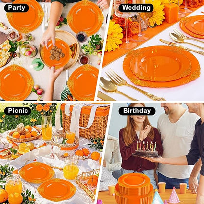 102PCS Orange Plastic Plates - Orange and Gold Disposable Plates - Party Plate with Gold Rim - Vintage Disposable Plate Serving for 51Guests for Party & Wedding