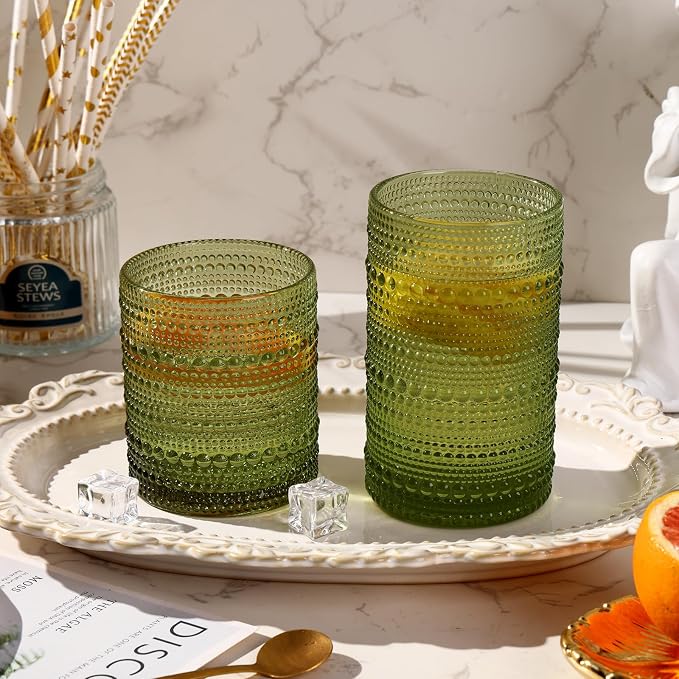 Moretoes Green Hobnail Drinking Glasses Set of 6, Glass Cups | 12 Oz Highball - Image 2