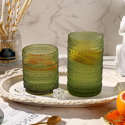 Moretoes Green Hobnail Drinking Glasses Set of 6, Glass Cups | 12 Oz Highball - Image 2