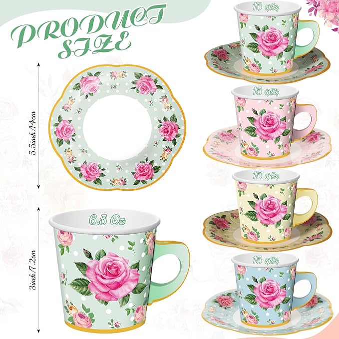 Umigy 60 Sets Floral Tea Party Decorations 6.5 oz Floral Paper Teacups & Saucer - Image 2